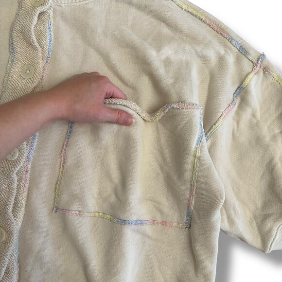 Free People Cream Cropped Boxy Cardigan L Rainbow Stitch Oversized Top - Picture 8 of 10